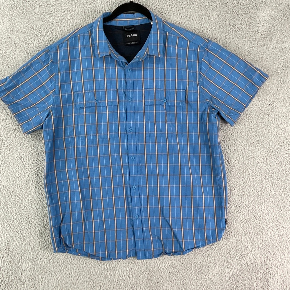 Prana Button Down Men XL Blue Plaid Short Sleeve Mesh Lined Hiking Outdoor Shirt